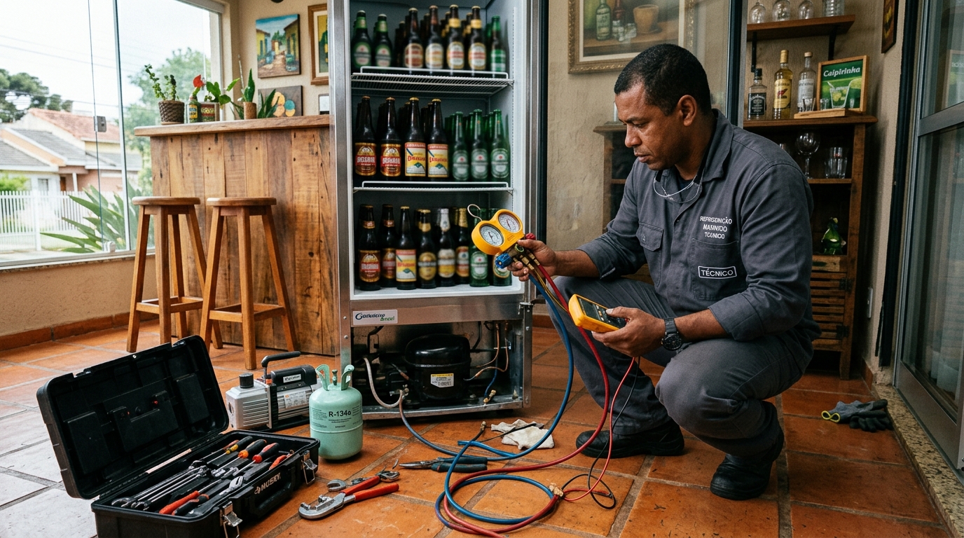 Profissional executando reparo no motor de cervejeira em Real, Praia Grande‑SP