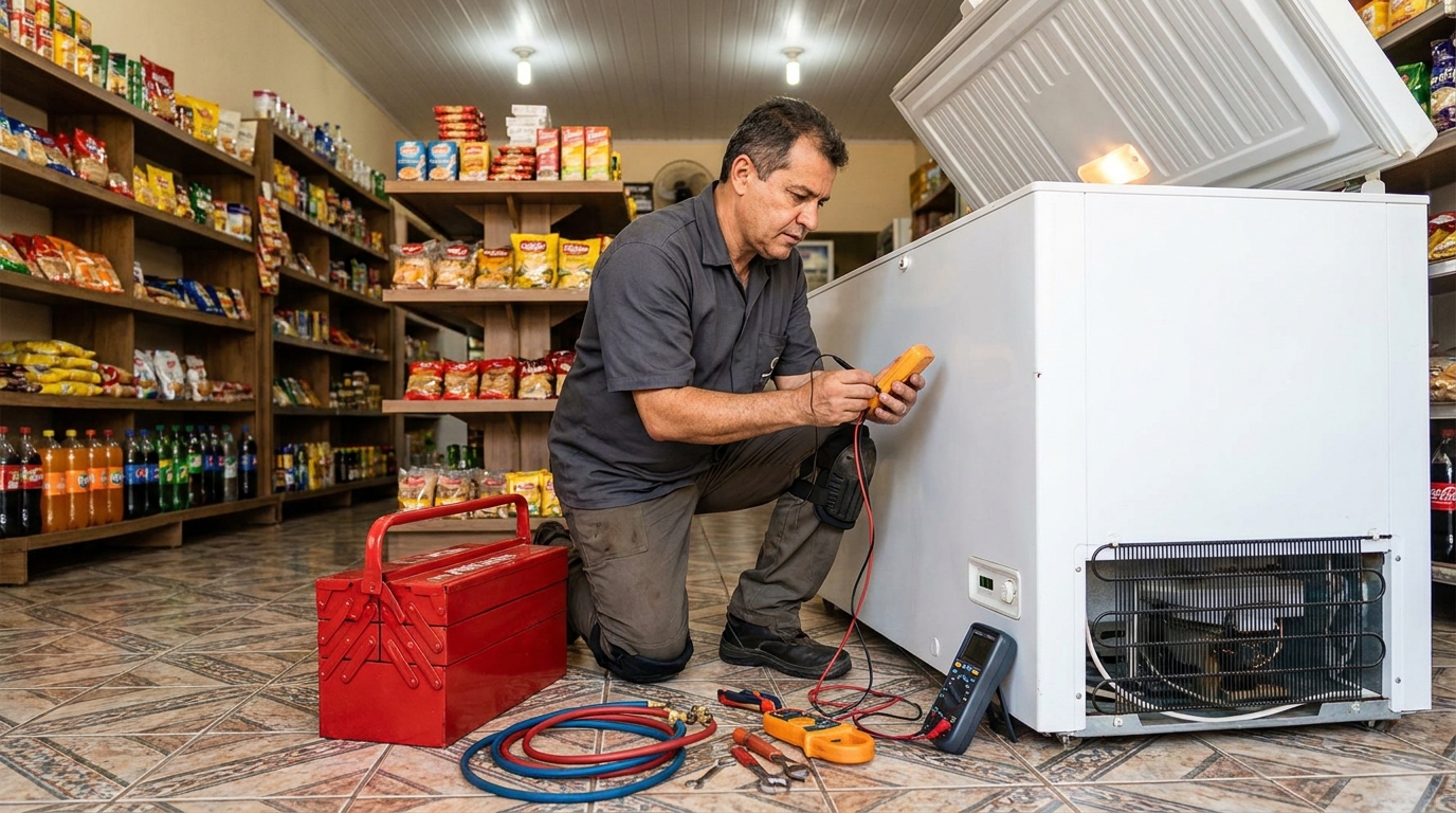 Recarga de gás refrigerante no freezer durante atendimento em Praia Grande‑SP
