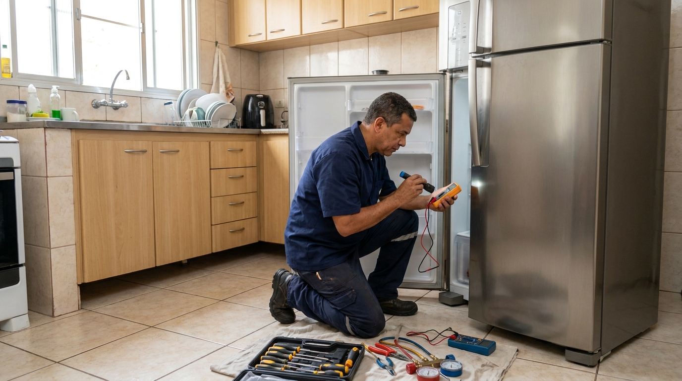 Técnico aplicando recarga de gás refrigerante em geladeira em Praia Grande‑SP