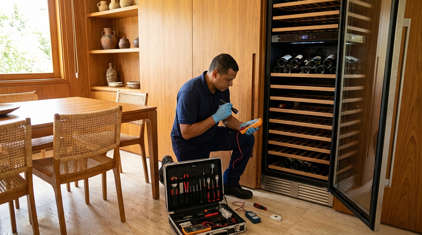 Substituição de termostato em adega climatizada em visita técnica em Real, Praia Grande‑SP