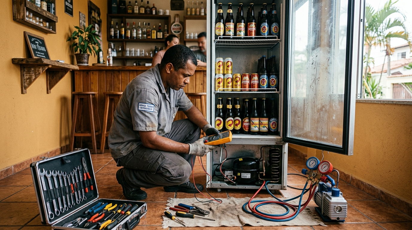 Substituição de termostato de cervejeira em serviço técnico em Real, Praia Grande‑SP
